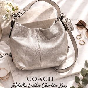 Coach Metallic Gold Beige Leather Shoulder Bag F15064 Zip Top